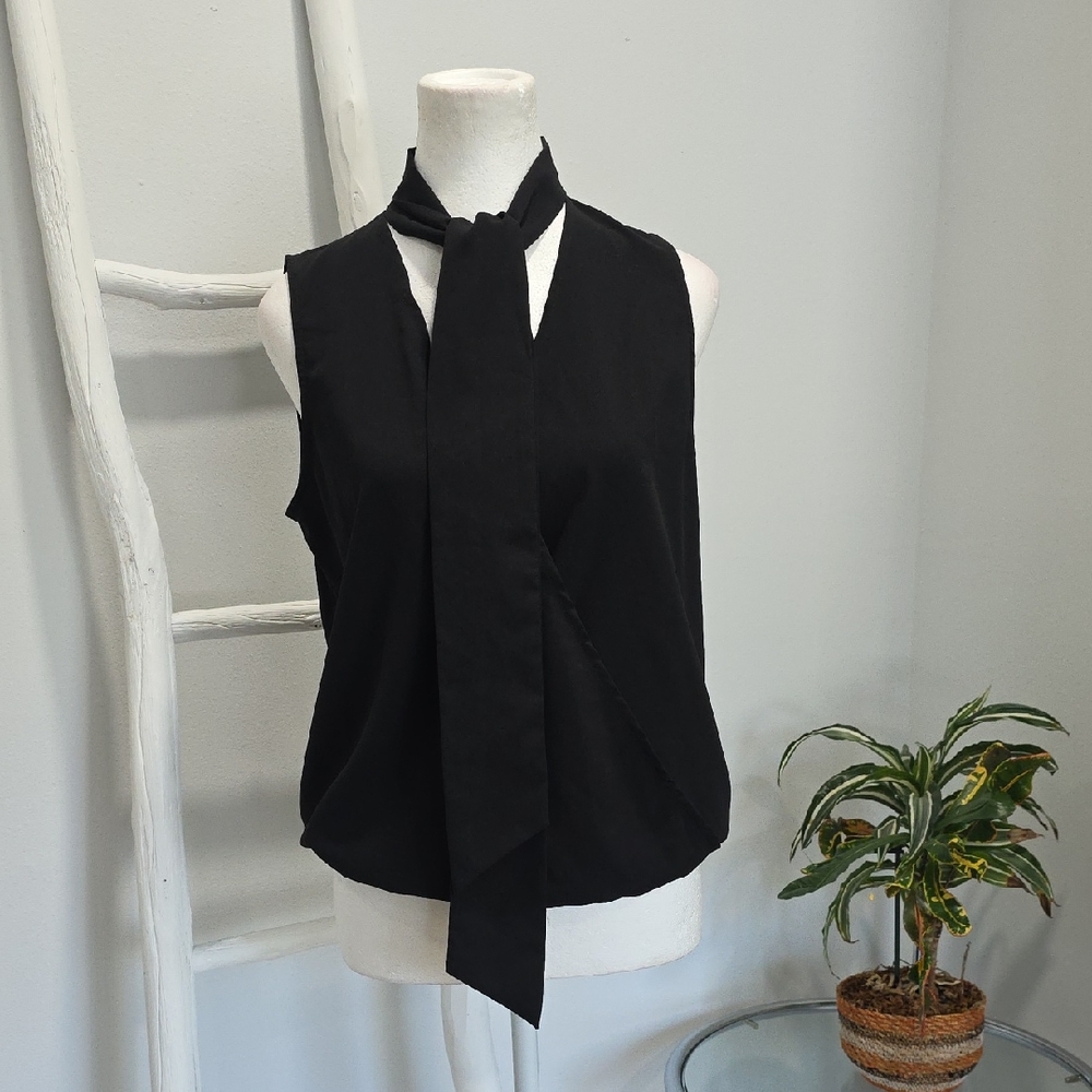 Haute Hippie Women’s Black Sleeveless Wrap Tie-Neck Top